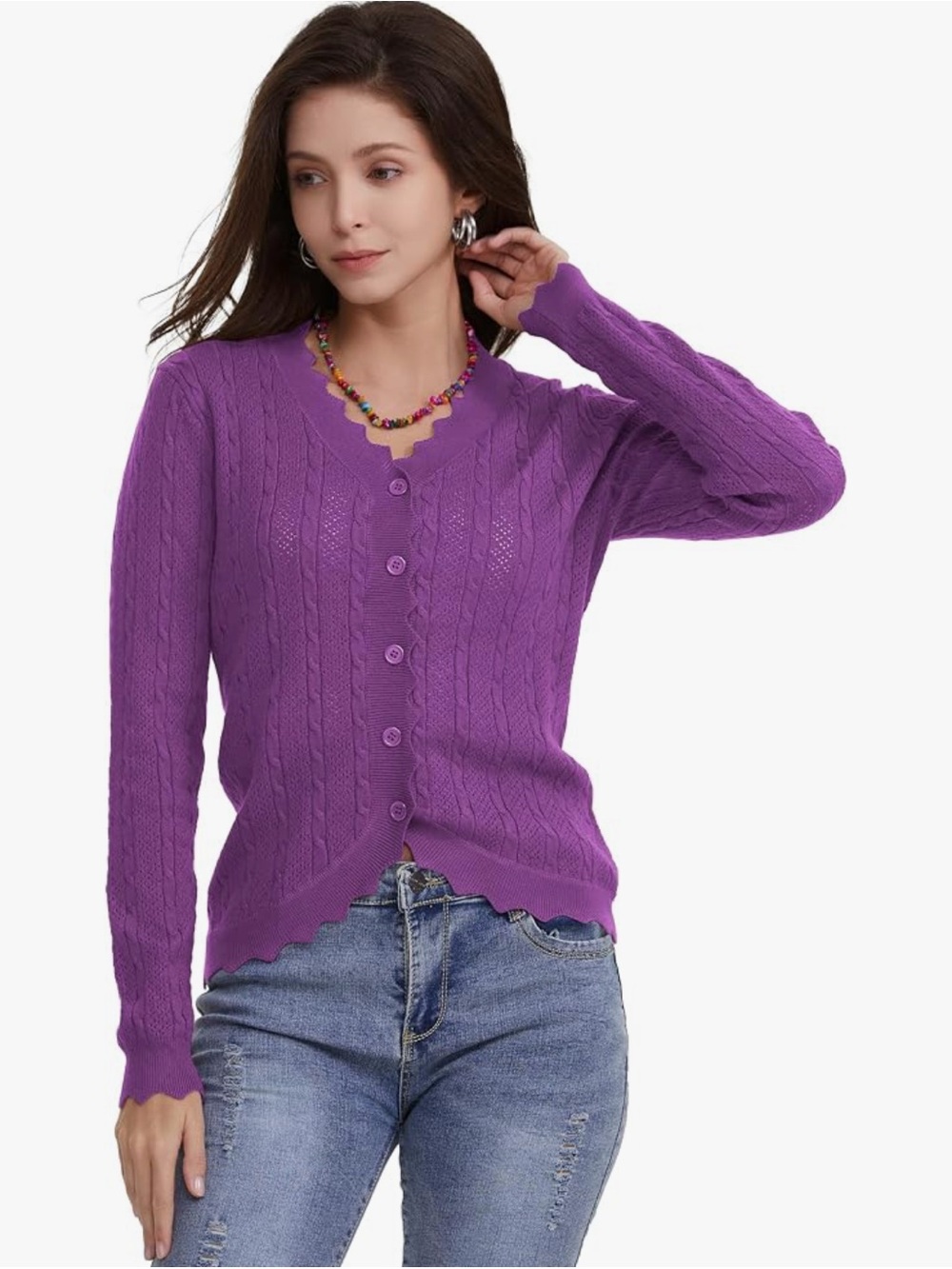 Amazon Purple Lace Button Scallop-Edge Cardigan